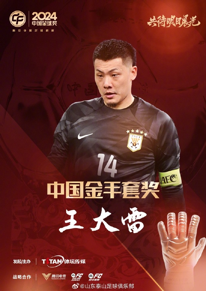  王大雷榮獲中國金手套獎，謝文能入選中國金球獎候選人前三名