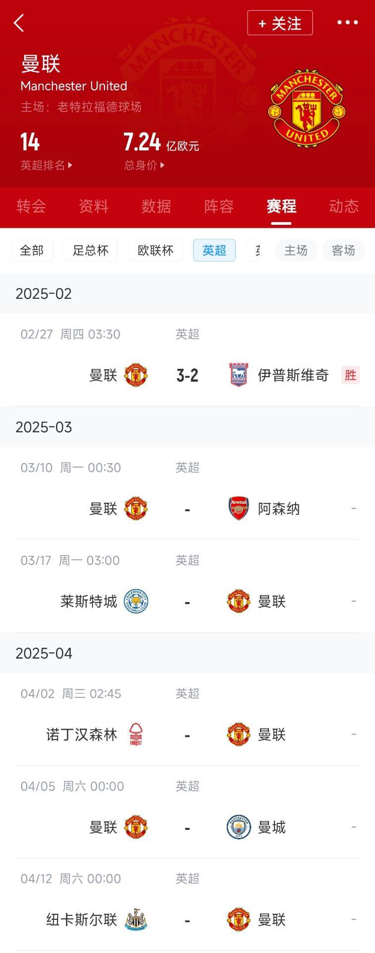  藍狐救一下？曼聯(lián)未來5輪將遭遇英超2/3/4/6名：槍手森林曼城紐卡