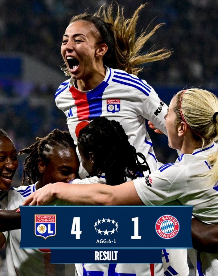  里昂女足4-1大勝拜仁女足，總比分6-1晉級(jí)女足歐冠半決賽